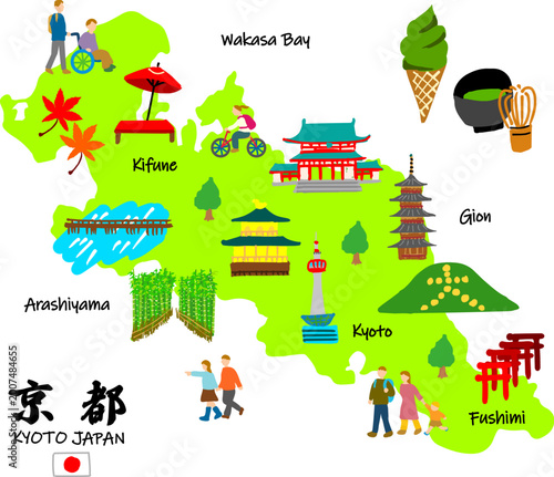 京都旅行、手描きの観光スポットと観光客フラットイラスト