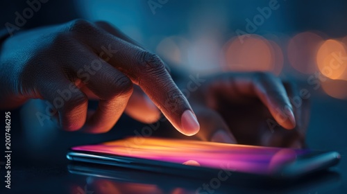 Hands touching glowing smartphone screen in dark moody environment