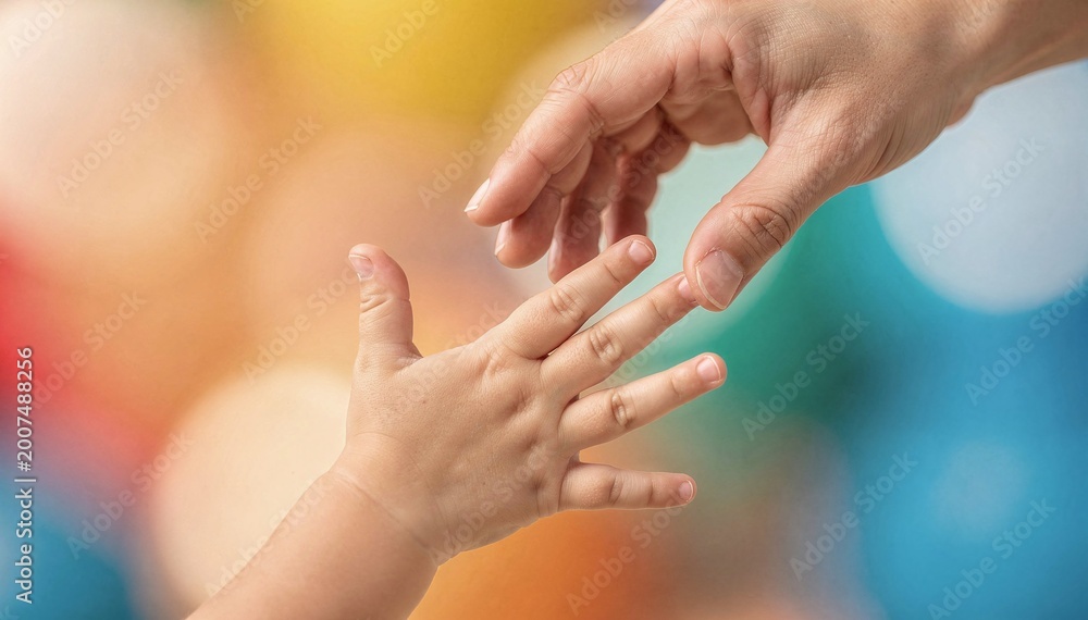 Fototapeta premium Tender Moment: Parent's Hand Reaches for Child's Hand with Bokeh Background, Symbolizing Connection, Care, and Support in a Loving Gesture