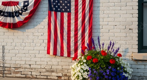 American Flag and Flowers on Brick Wall.