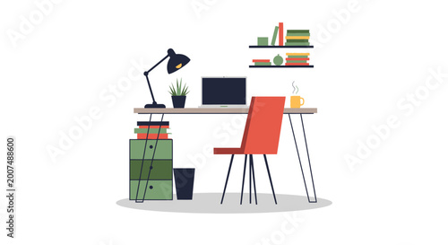 Fotografija Modern Home Office Desk Setup with Laptop, Lamp, Chair and Books
