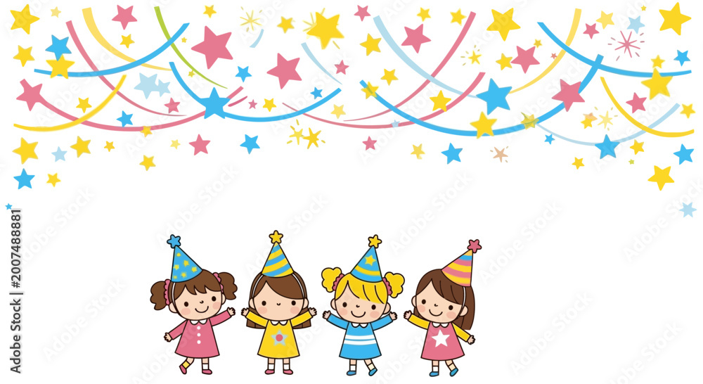 Fototapeta premium Happy Children Celebrating with Confetti and Party Hats