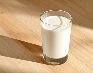 Minimalist refreshing beverage photography capturing a clear glass filled with pure white milk on wood.