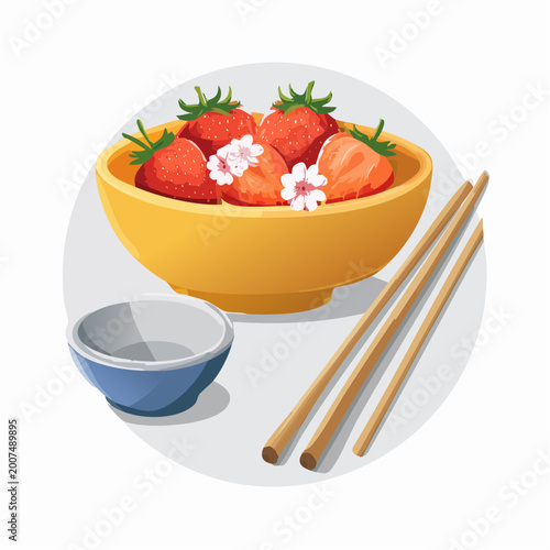 Bowl of Strawberries with Chopsticks and Dipping Bowl