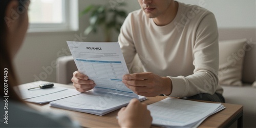 A man in a beige sweater reviews insurance documents at a wooden table with another person, surrounded by natural light and focused on financial details.