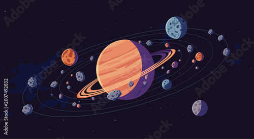 Pixel art space scene depicts a solar system with a ringed planet, various asteroids, and distant moons in orbit.