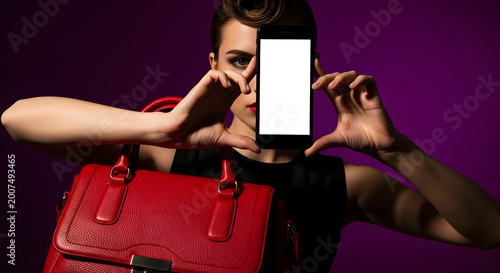 Woman holding smartphone displaying blank screen with red handbag on purple backdrop