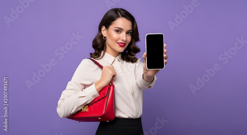 Woman holding smartphone with copy space purse on shoulder isolated