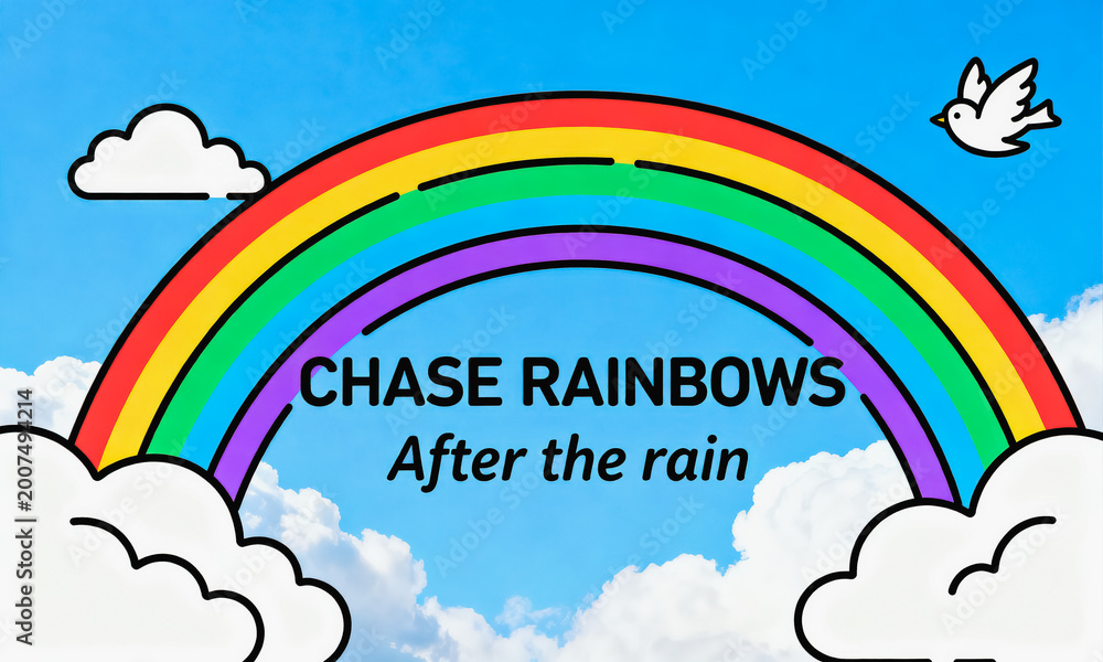 Fototapeta premium This is a cute cartoon style graphic featuring a rainbow over a blue sky with clouds and a dove, with an inspirational quote about chasing rainbows after rain.