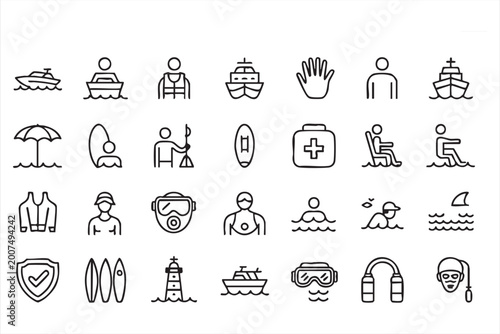 Obraz na plátne Marine Safety Line Icons Collection, Lifeguard Equipment Boating Rescue Signs