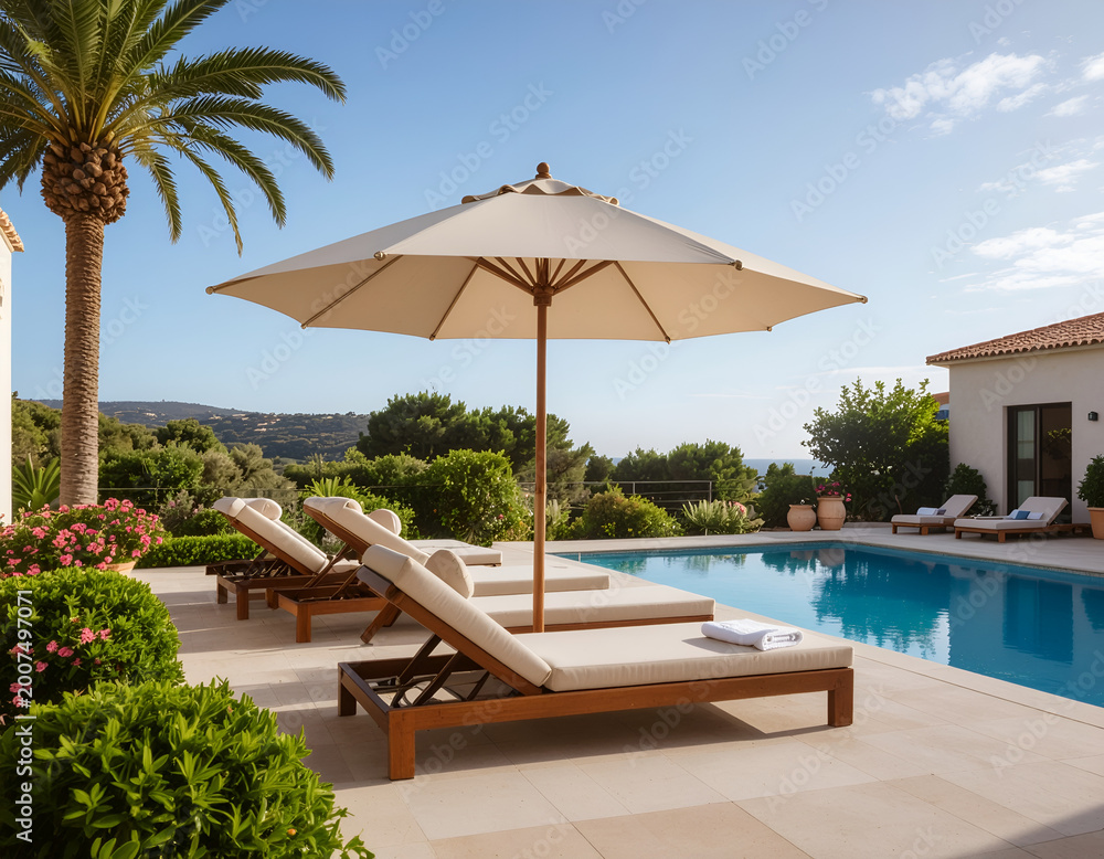 Fototapeta premium A serene poolside scene features lounge chairs under a large umbrella with a scenic view.