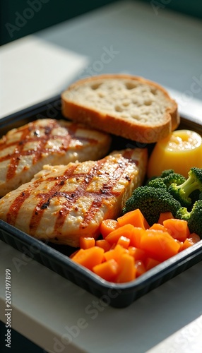 This roast chicken meal kit includes sliced ​​chicken breast, broccoli florets, diced carrots, and a slice of bread