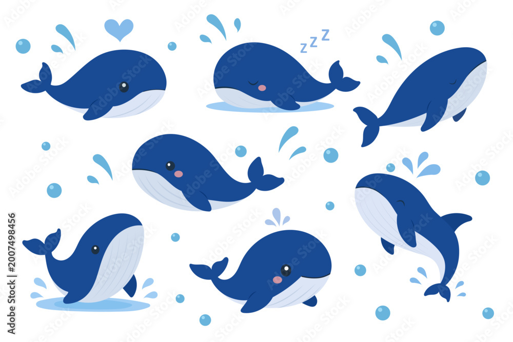 Naklejka premium Cute whale set adorable marine animals playful ocean character collection