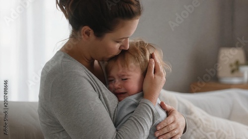 Loving Mother Comforting and Embracing Her Crying Toddler Son at Home