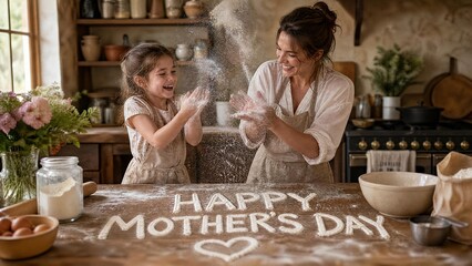 Joyful Mother and Daughter Celebrating Happy Mother's Day with Flour in a Rustic Kitchen