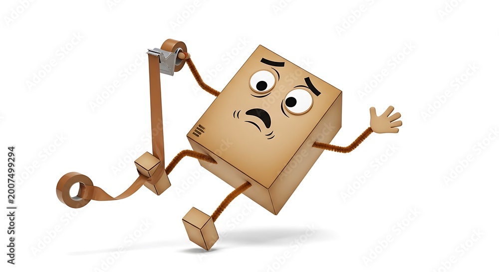 Naklejka premium A cartoon cardboard box character looking stressed and tangled in tape