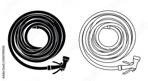 Obraz na płótnie Coiled garden hose with nozzle black and white silhouette