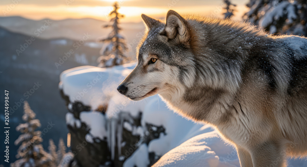 Fototapeta premium Wolf Portrait in a Winter Landscape at Sunset