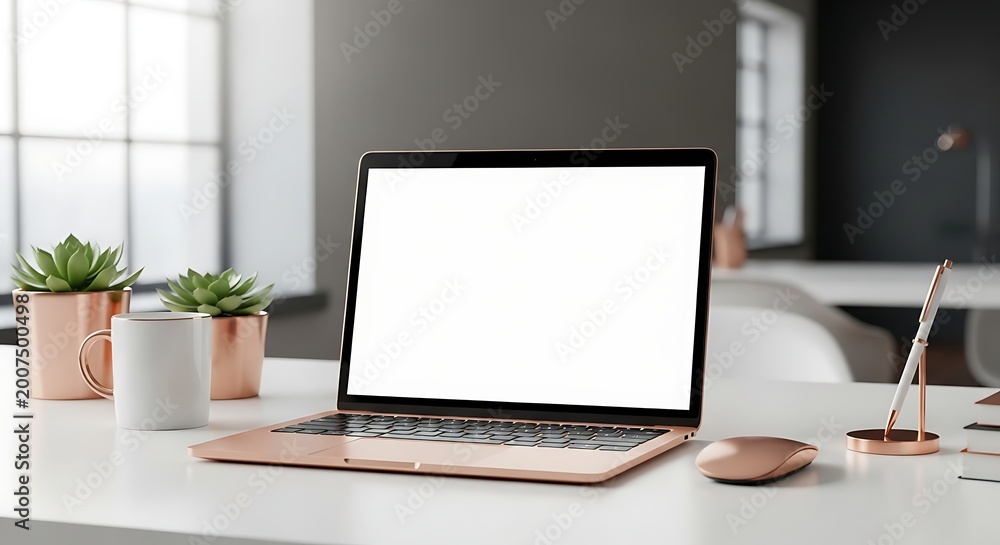 Fototapeta premium Minimalist office desk with laptop, plants, and bright natural light in a clean workspace.