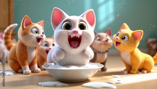 What a charming and cheerful picture of a white kitten absolutely delighted with his bowl of milk