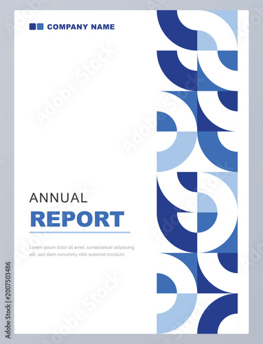 Modern annual report cover design with blue geometric patterns and white background