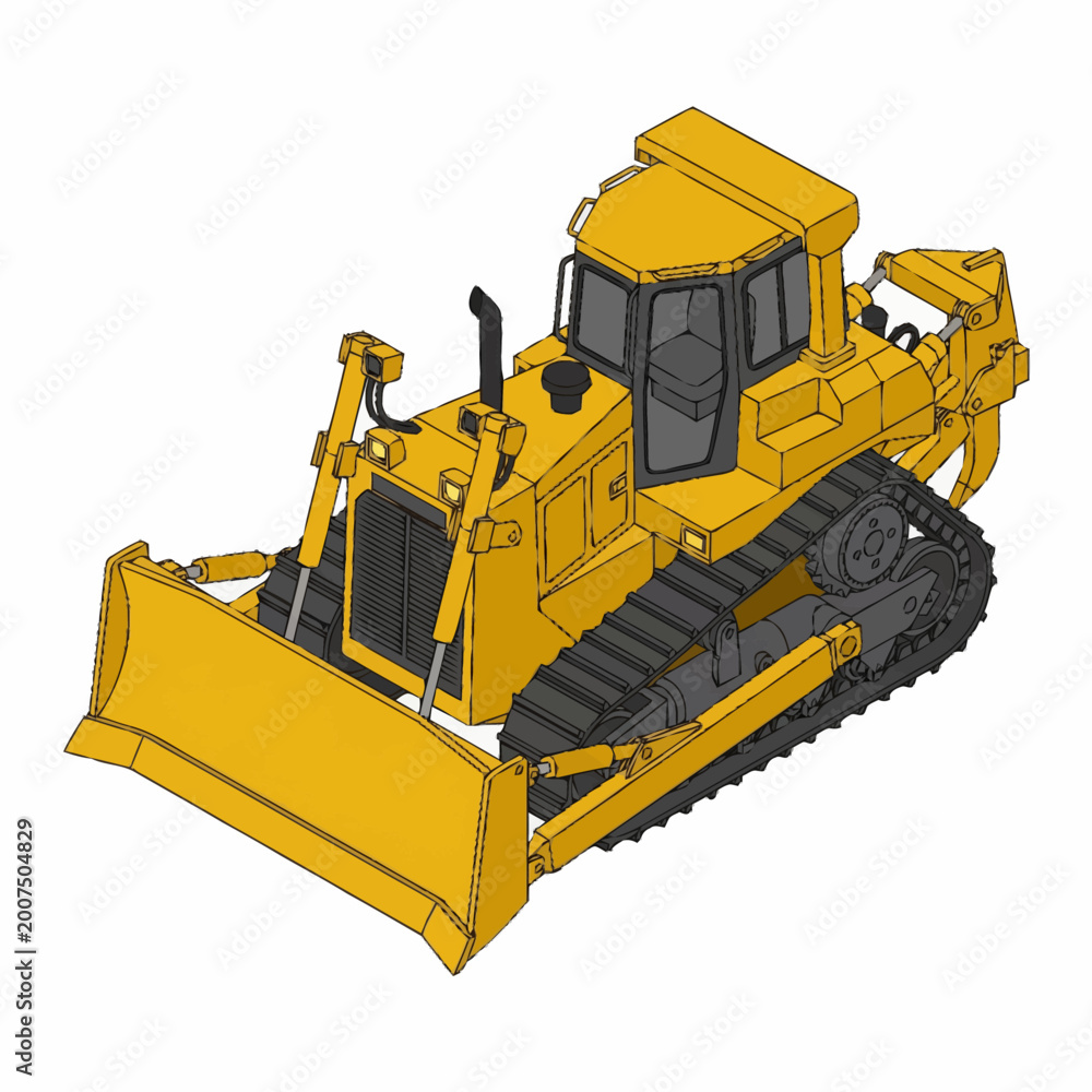 Obraz premium Yellow bulldozer construction vehicle with large blade and tracks.