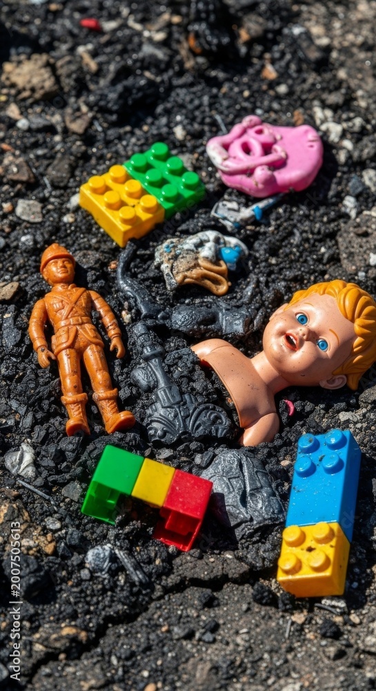 Fototapeta premium Melted Plastic Toys Fused on the Ground