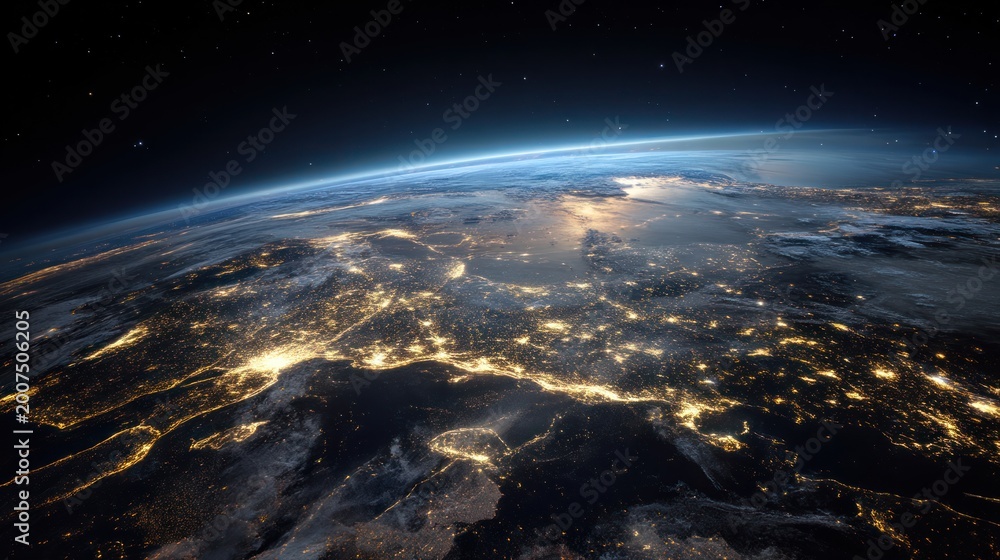 Fototapeta premium Earth at night illuminated by city lights in space
