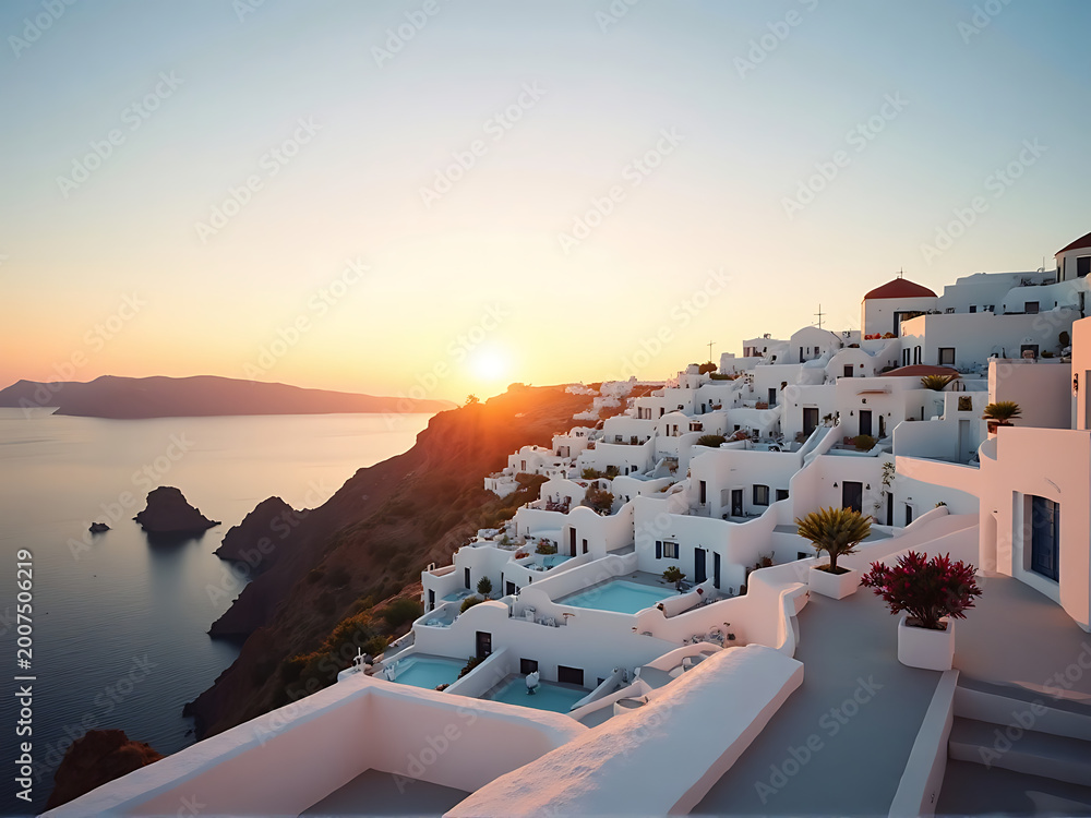 Obraz premium panoramic coastal scene of Santorini during golden hour glowing sunlight over white buildings calm sea horizon expansive sky minimal elements 