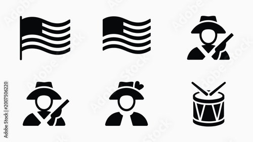Quadro su tela Patriots day icons american flag waving revolutionary war soldier with musket an