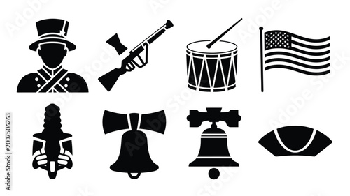 Schilderij op canvas Patriots day silhouette icons american revolutionary war soldier musket drum wav