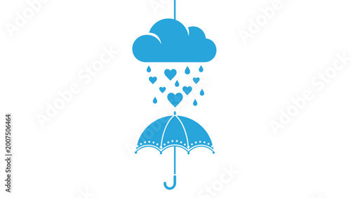 Blue umbrella protecting falling heart shapes from a single blue cloud representing love care and protection from the rain.