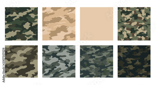 Collection of various military camouflage patterns displayed in a grid with shades of green, brown, and grey.