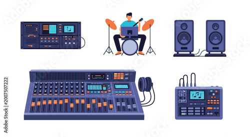 Professional music studio equipment set including an audio mixer, monitor speakers, a drum kit, and various electronic controllers.