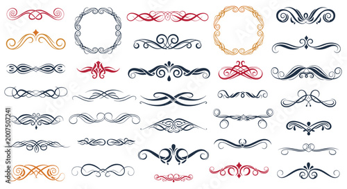 Extensive collection of ornate decorative flourishes, borders, and calligraphic dividers in various styles and colors for graphic design projects.