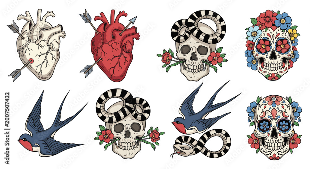Obraz premium Collection of traditional tattoo flash art featuring anatomical hearts with arrows, snakes coiled around skulls, swallows, and sugar skulls.