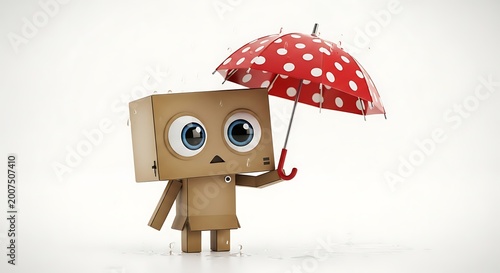 Cute cardboard box character holding a red polka dot umbrella in the rain