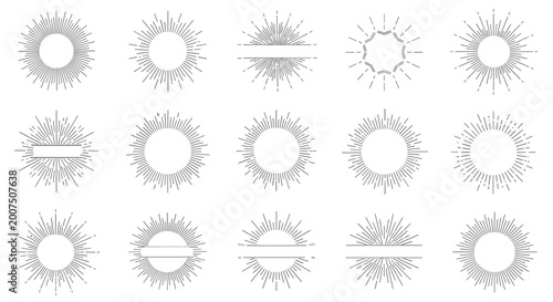 Comprehensive collection of vintage sunburst and starburst graphic elements with various ray patterns and empty centers for logos or text.