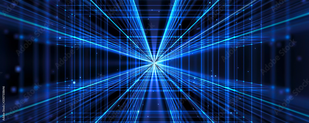 Fototapeta premium blue glowing square tunnel corridor with light rays in black 3d space with flowing particles, futuristic technology background with copy space for data, chip and computer industry