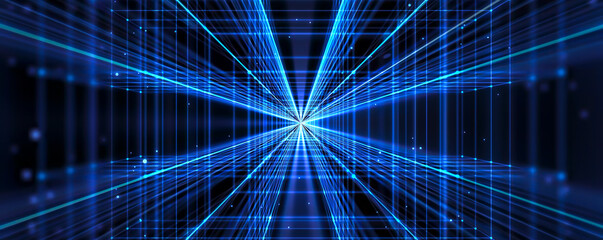 blue glowing square tunnel corridor with light rays in black 3d space with flowing particles, futuristic technology background with copy space for data, chip and computer industry
