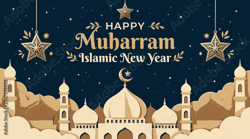 Celebrate the Islamic New Year marking the start of Muharram with a festive depiction of mosques stars and traditional decorative elements conveying a sense of spiritual beginning and communal