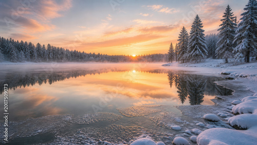 Snowy Winter Lake With Sunrise And Forest Reflection
