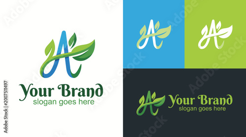 Photos This logo design creatively integrates the letter A with leaf motifs, symbolizing growth, sustainability, and a fresh approach to branding in vibrant colors