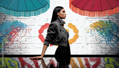 Stylish young woman posing against a vibrant street art brick wall with reflective floor for urban fashion concept and creative expression