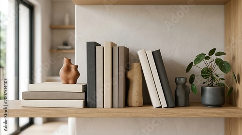 Virtual Zoom Background Display Shelf with Books and Sculptures for Home Office