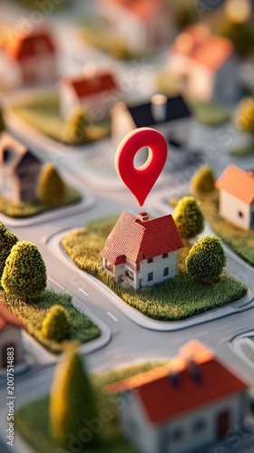 A miniature house surrounded by green landscape and a location pin, symbolizing home.