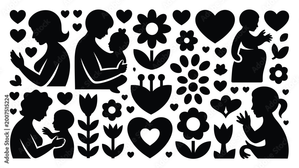 Fototapeta premium Chunky bold silhouette icons representing motherhood family love and celebration with flowers and hearts ideal for mother's day and greeting cards