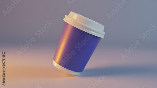 A 3d rendering of a floating purple disposable coffee cup with a white lid on a gradient background