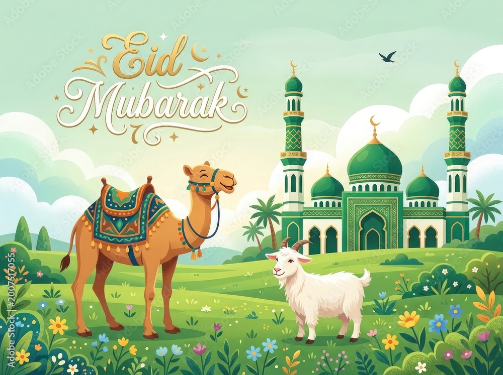Fototapeta premium Eid ul adha mubarak festive illustration with camel goat mosque for islamic holiday