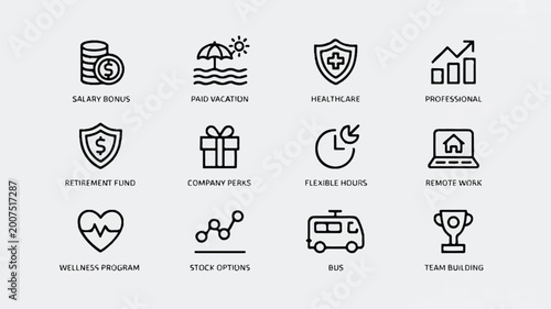 set of business benefits and perks icons in black and white